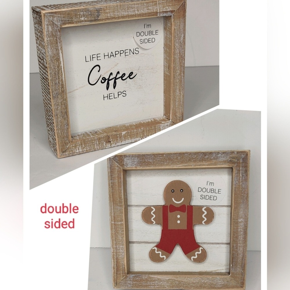 Gingerbread Man Wooden Tabletop Decor Sign Tiered Tray Coffee On Reverse‎ Side